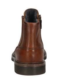 Braune Leder-Ankle-Boots mit glatter Oberfläche, seitlichem Reißverschluss und einer strukturierten Gummisohle. Die Rückansicht zeigt Nähdetails.