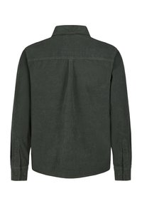 Dunkelgrünes Cordhemd mit langen Ärmeln, Rückansicht, mit geknöpften Manschetten und einem mittigen Faltenwurf unter der Schulterpasse.