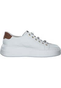 White leather sneaker with a textured white rubber sole. Features gold eyelets, light brown accent on the heel, and decorative embellishments.