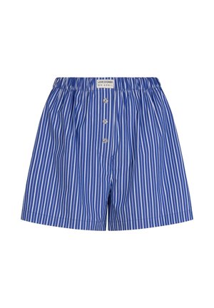 Blå og hvite stripete boxershorts med elastisk midjebånd, med en knappestolpe og fire knapper. Laget av lett stoff.