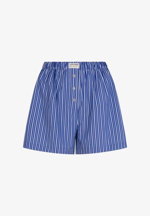 Blue and white striped boxers with an elastic waistband, featuring a button placket and four buttons. Made of lightweight fabric.