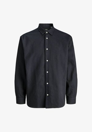 Camisa de manga larga azul oscuro en tela texturizada con cuello con solapa, cierre frontal de botones y puños de un solo botón.