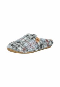 Pantofole slip-on in lana morbida nei toni di grigio con accenti rossi, caratterizzate da una superficie testurizzata e una suola simile al sughero per il massimo comfort. Etichetta in pelle visibile.
