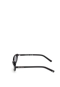 Occhiali da sole neri in plastica con montatura quadrata e lenti scure. Caratteristiche includono un logo sulla tempia e accenti a stella sugli steli.