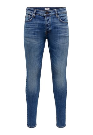 Jean slim bleu en denim avec poches avant, fermeture par boutons et détails délavés aux cuisses et aux genoux.