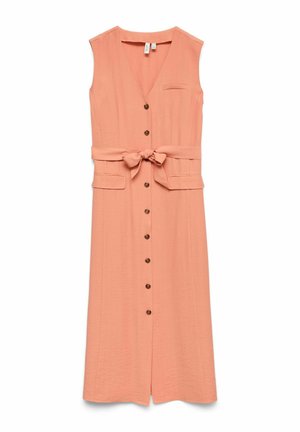 Robe midi pêche sans manches avec col en V, boutons sur le devant, ceinture en tissu à la taille, deux poches à rabat et une poche poitrinaire passepoilée.