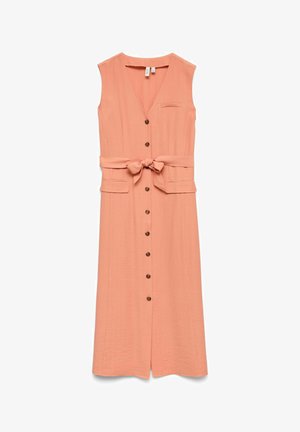 Varrukateta virsikuvärvi keskmise pikkusega kleit V-kaelusega, ees nupud, kangast vöö, kaks väljatõmmatavat taskut ja üks rinnatasku.