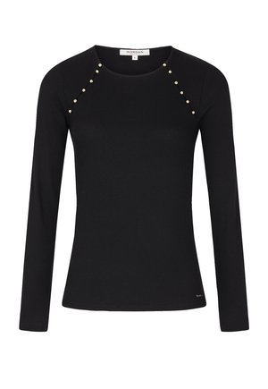 Zwart langetermijnshirt met ribbelstructuur, voorzien van parelachtige accenten langs de schoudernaad. Ronde halslijn en aansluitend ontwerp.