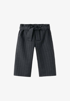 Ciemnoszare skrócone spodnie w pionowe prążki z wiązanym materiałowym paskiem na elastycznym pasku w talii.