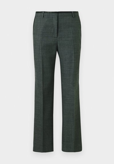 Πράσινο παντελόνι με μοτίβο και προσαρμοσμένη γραμμή, διαθέτοντας σχέδιο καρό, ίσιες γραμμές και λεία υφή. Σταθερή μαύρη λεπτομέρεια στη μέση.