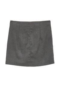 Jupe grise à rayures avec une coupe droite, dotée de deux plis avant. Fabriquée à partir d'un tissu lisse et texturé avec un éclat subtil.