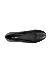 Black leather ballet flat with a rounded toe, smooth texture, and minimalistic design. Features subtle brand logo on the insole.
