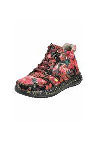 Vícebarevné květinové vysoké tenisky s černým pozadím, bordovými tkaničkami a texturovanou gumovou podešví se květinovými vzory.