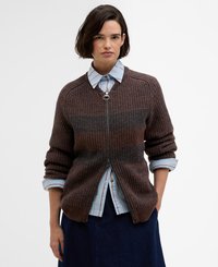 Cardigan rayé marron et gris en tricot avec une fermeture éclair complète, texture côtelée et poignets repliés sur une chemise rayée bleu clair en dessous.