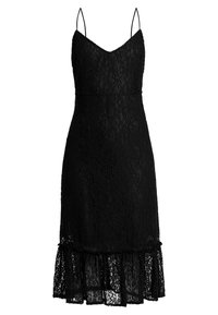 Svartrandig klänning i svart spets med tunna band, V-ringning, figursydd överdel och utsvängd fransad kant. Har ett intrikat spetsmönster över hela.