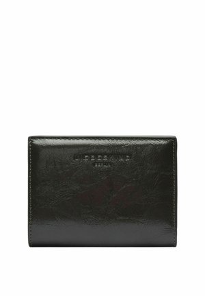 Cartera de piel negra texturizada con el logotipo en relieve "Liebeskind Berlin" en el centro delantero, forma rectangular con bordes cosidos.