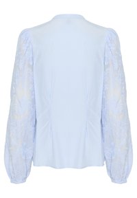 Light blue blouse with a solid back and sheer embroidered sleeves. Features puffed sleeves and a rounded neckline.