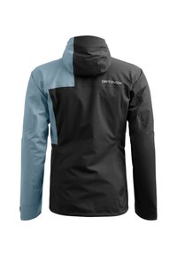 Black and light blue waterproof jacket with a hood, featuring a two-tone design, smooth texture, and logo on the back.