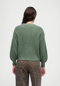 Grønn strikket genser med en kort passform, teksturert vev og ribbede mansjetter, kombinert med brune bukser med dyreprint.