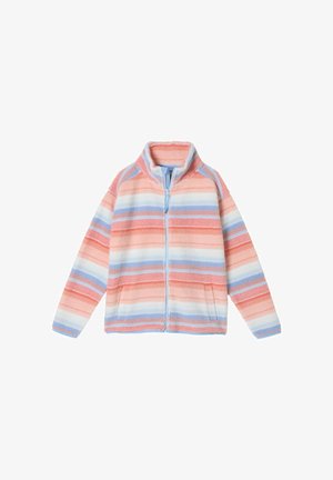 Pliusiukas užtrauktuku, su horizontaliomis juostomis koralo, baltos ir šviesiai mėlynos spalvos, su kylančiu apykakle ir šoninėmis kišenėmis.