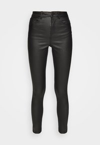 Svarta högmidjade smala byxor med framknapp och dragkedja, har funktionella fickor och en slät, läderliknande yta.