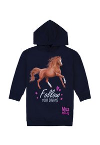 Felpa con cappuccio blu navy con una grafica di un cavallo e il testo "Segui i tuoi sogni." Presenta accenti rosa e il logo "Miss Melody" in fondo.