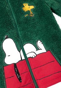 Chaqueta verde de felpa con cremallera, que presenta a Snoopy tumbado en una casita roja y a Woodstock de pie encima en la zona del pecho.