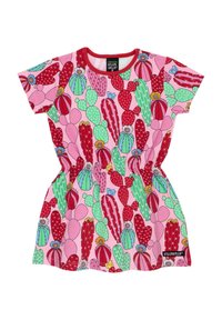 Lyhythihainen mekko, jossa on vaaleanpunainen kaktuskuvio, ja punaisia, vihreitä sekä pastellisävyisiä kuvioita. Elastinen vyötärö ja logotagi helmaosassa.