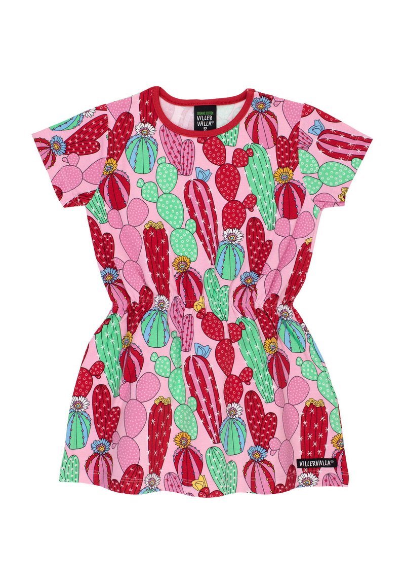 Lyhythihainen mekko, jossa on vaaleanpunainen kaktuskuvio, ja punaisia, vihreitä sekä pastellisävyisiä kuvioita. Elastinen vyötärö ja logotagi helmaosassa.