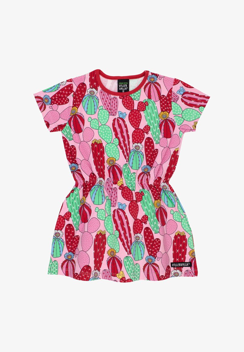 Lyhythihainen mekko, jossa on vaaleanpunainen kaktuskuvio, ja punaisia, vihreitä sekä pastellisävyisiä kuvioita. Elastinen vyötärö ja logotagi helmaosassa.