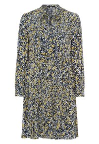 Robe à manches longues en tissu marine avec un motif floral jaune, blanc et gris ; elle comprend un col à nouer et une silhouette légèrement évasée.