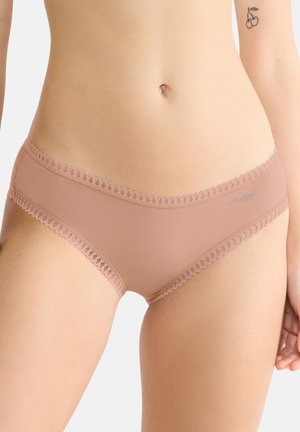 Light beige hipster panties made of smooth fabric. Features delicate lace trim along the waistband and leg openings. Subtle logo detail.