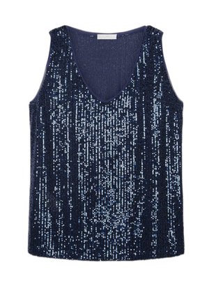 Ærmeløs marineblå strikbluse med V-hals, helt dækket af lodrette rækker af skinnende blå palietter.