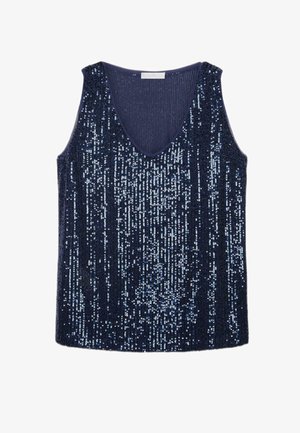 Ärmelloses marineblaues Strickoberteil mit V-Ausschnitt, vollständig bedeckt mit vertikalen Reihen glänzender blauer Pailletten.