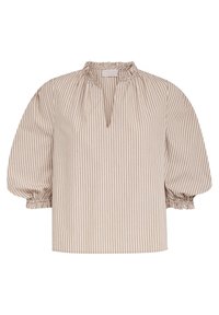 Beige gestreifte Bluse mit lockerer Passform, gerafftem Ausschnitt und puffierten Ärmeln. Verfügt über vertikale Streifen und elastische Bündchen für Details.