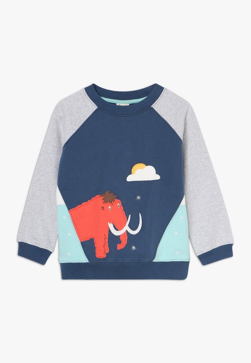 Sweatshirt features a navy body, gray sleeves, a textured red mammoth graphic, and light blue accents, with ribbed cuffs and neckline.