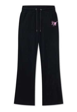 Pantalones negros de pierna ancha con cintura elástica, cordón, bolsillos laterales y pequeños corazones rosas bordados con una flecha en la cadera izquierda.