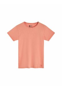 T-shirt à manches courtes et col rond en tissu corail doux. Il présente un design simple sans motifs visibles et un petit logo en bas de l'ourlet.