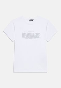 Vit bomull T-shirt med ett grått grafiskt tryck av "THE NORTH FACE" och "NEVER STOP EXPLORING" centrerat på bröstet. Kort ärm.