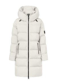 Cappotto invernale bianco imbottito con colletto alto, zip frontale completa e due tasche laterali con zip. Presenta una texture liscia e trapuntata.