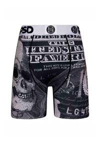 Boxeri negri cu un grafic detaliat al unui bancnot de dolar și al unui craniu. Curea elastică cu brand alb și cusături negre contrastante.