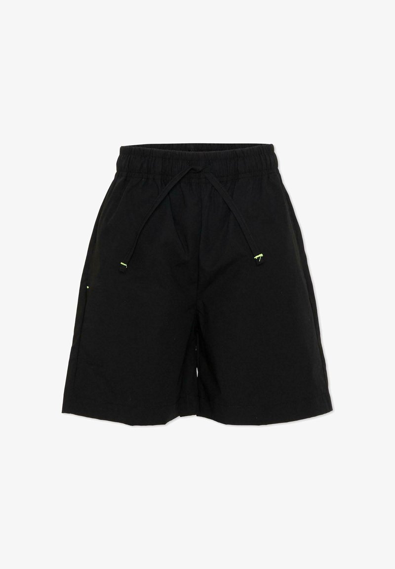 Shorts noirs décontractés avec taille élastique et cordon de serrage, dotés de poches latérales et d'une coupe décontractée.