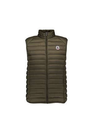 Gilet trapuntato senza maniche verde oliva con cerniera frontale e toppa con logo circolare sul petto sinistro.