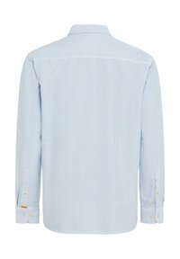 Lichtblauw gestreept shirt met lange mouwen, knoopmanchetten en een kraag. Heeft smalle verticale strepen en een gebogen zoom. Gladde stoftextuur.