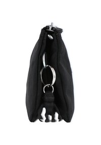 Portafoglio in tessuto nero con zip, dotato di un anello portachiavi argentato e un piccolo ciondolo di gomma nera a forma di gorilla attaccato.