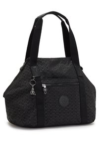 Black textured tote bag made of durable material, featuring a zippered pocket, logo detail, and dual shoulder straps.