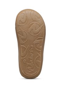 Podešev boty ve světle hnědé gumě s texturovaným povrchem, obsahující kruhové vzory a viditelné jméno značky.