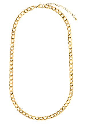 Collier chaîne en or avec maillons ovales s'imbriquant et fermoir homard avec chaîne d'extension réglable sur fond blanc.