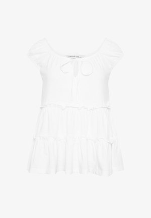 Robe blanche à manches courtes à volants, avec un décolleté épaules dénudées et un détail noué à l'avant, comprenant des couches de tissu froncées pour un look fluide.