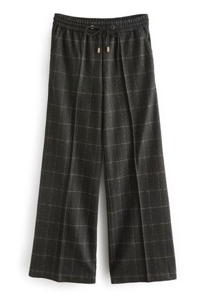 Pantalon gris foncé à jambes larges avec motif à carreaux subtil et taille élastique avec cordon noir à embouts métalliques.